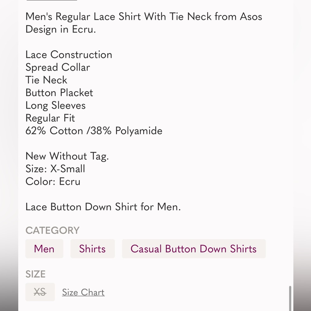 Unisex ASOS Lace Buttondown Shirt Longsleeve Cream Eyelet w/ Ribbon Neck Tie XS - Picture 4 of 7